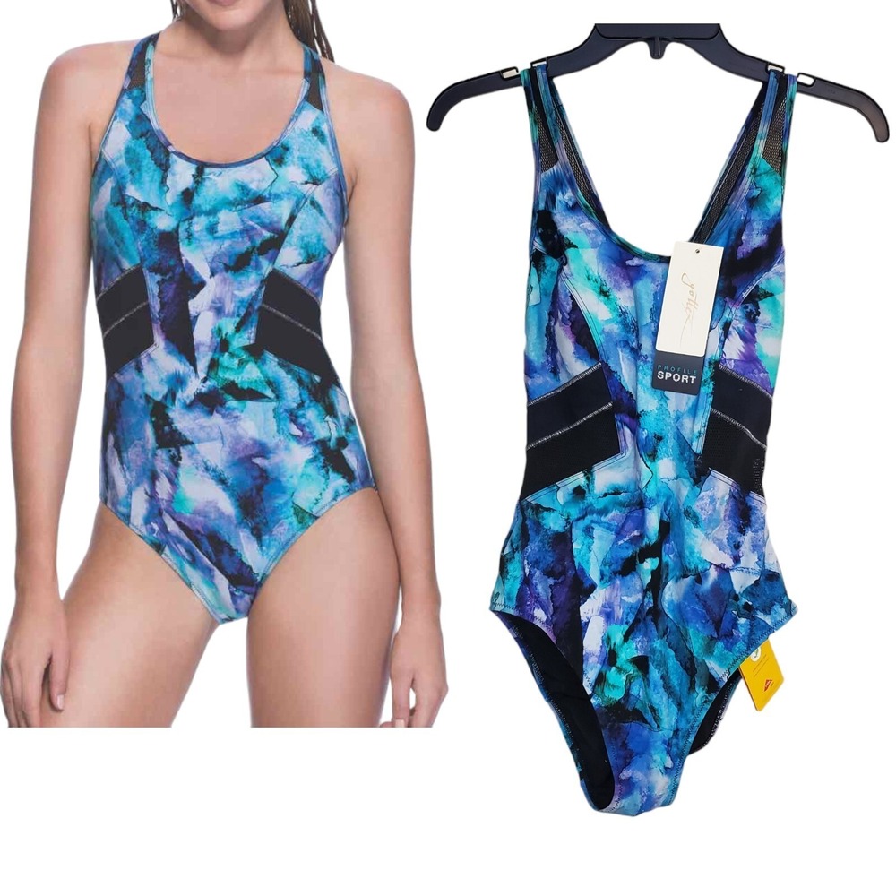 Gottex Size 8 Profile Sport ONE Piece Swimsuit Moonstone Blue mesh panels